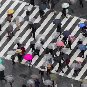 People with umbrellas walk on streets.