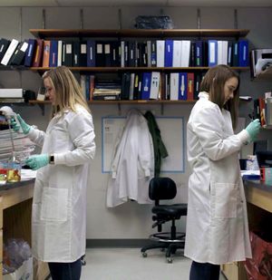 Two researchers work in a lab.